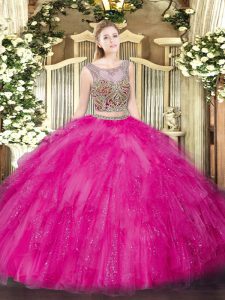 Dynamic Hot Pink Tulle Lace Up Scoop Sleeveless Floor Length Vestidos de Quinceanera Beading and Ruffles