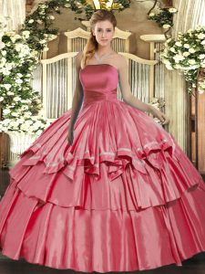 Elegant Coral Red Ball Gowns Strapless Sleeveless Organza Floor Length Lace Up Ruffled Layers Quinceanera Dresses
