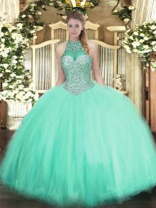 Glittering Halter Top Sleeveless Lace Up Quinceanera Gown Apple Green Tulle