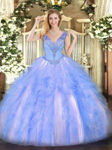 Light Blue Ball Gowns Organza V-neck Sleeveless Beading and Ruffles Floor Length Lace Up Quinceanera Gowns