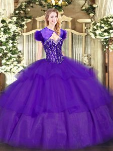 Best Selling Purple Sleeveless Floor Length Ruffled Layers Lace Up Quinceanera Dresses