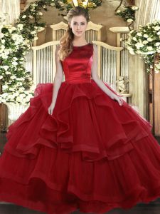 Fantastic Wine Red Tulle Lace Up Quinceanera Dress Sleeveless Floor Length Ruffled Layers