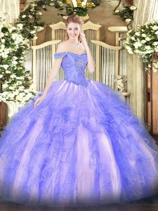 Off The Shoulder Sleeveless Lace Up Quinceanera Gown Lavender Tulle