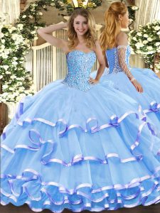 Fine Aqua Blue Sleeveless Floor Length Beading and Ruffled Layers Lace Up 15th Birthday Dress
