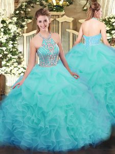Smart Sleeveless Floor Length Ruffles Lace Up Sweet 16 Dress with Aqua Blue