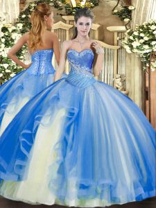 Floor Length Lace Up Quince Ball Gowns Baby Blue for Military Ball and Sweet 16 and Quinceanera with Beading and Ruffles