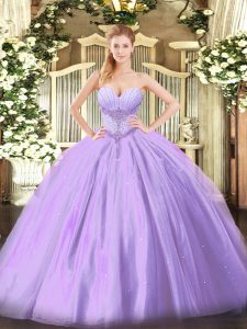 Attractive Lavender Lace Up Vestidos de Quinceanera Beading Sleeveless Floor Length
