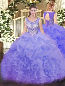 Lavender Ball Gowns Beading and Ruffles and Pick Ups Quinceanera Gowns Lace Up Organza Sleeveless Floor Length