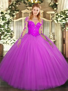 Smart Fuchsia Long Sleeves Tulle Lace Up Quinceanera Gown for Military Ball and Sweet 16 and Quinceanera