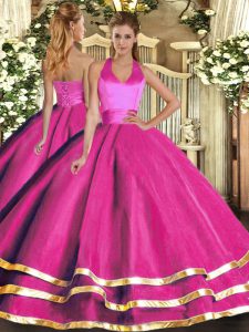 Glorious Halter Top Sleeveless Quinceanera Gowns Floor Length Ruffled Layers Fuchsia Tulle
