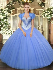 Floor Length Lace Up Sweet 16 Dress Baby Blue for Military Ball and Sweet 16 and Quinceanera with Beading
