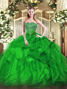 Sumptuous Green Ball Gowns Beading and Ruffles 15th Birthday Dress Lace Up Organza Sleeveless Floor Length