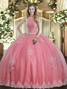 Delicate Baby Pink Ball Gowns Tulle High-neck Sleeveless Beading and Appliques Floor Length Lace Up Quinceanera Gowns