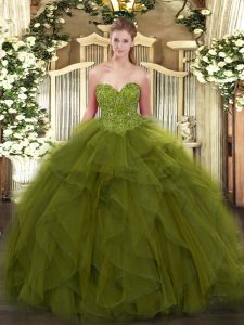 Olive Green Tulle Lace Up 15 Quinceanera Dress Sleeveless Floor Length Beading