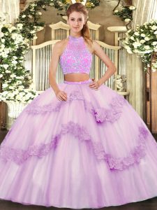 Spectacular Sleeveless Tulle Floor Length Criss Cross Vestidos de Quinceanera in Lilac with Beading and Appliques and Ruffles