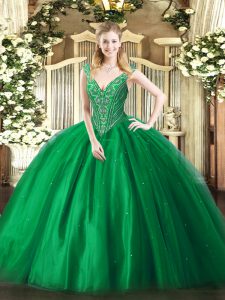 Clearance Green Ball Gowns Tulle V-neck Sleeveless Beading Floor Length Lace Up Sweet 16 Dresses