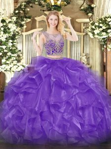 Lovely Organza Scoop Sleeveless Lace Up Beading and Ruffles Sweet 16 Dress in Eggplant Purple