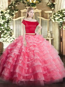Fitting Watermelon Red Short Sleeves Floor Length Appliques and Ruffled Layers Zipper 15th Birthday Dress