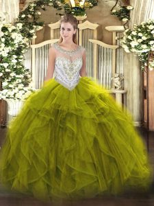 Hot Selling Olive Green Ball Gowns Beading and Ruffles Quinceanera Gown Zipper Tulle Sleeveless Floor Length
