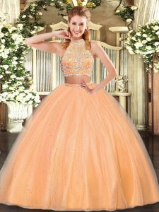 Custom Made Floor Length Criss Cross Quinceanera Gown Orange Red for Military Ball and Sweet 16 and Quinceanera with Beading