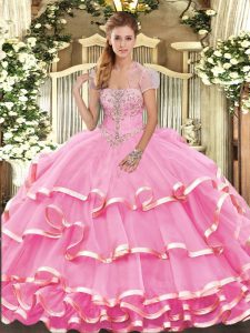New Arrival Rose Pink Lace Up 15 Quinceanera Dress Appliques and Ruffled Layers Sleeveless Floor Length