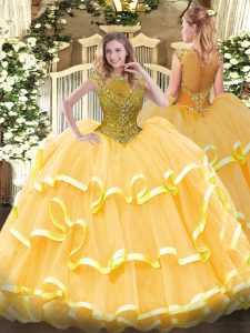Cap Sleeves Floor Length Beading and Ruffled Layers Zipper 15th Birthday Dress with Gold