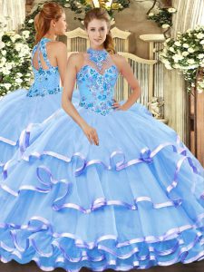 Sexy Floor Length Lace Up Quinceanera Dresses Baby Blue for Military Ball and Sweet 16 and Quinceanera with Beading and Embroidery