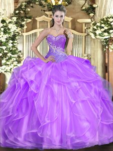 Beading and Ruffles Quinceanera Gowns Lilac Lace Up Sleeveless Floor Length