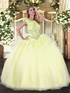 Most Popular Beading Vestidos de Quinceanera Light Yellow Lace Up Sleeveless Floor Length