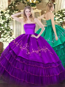 Comfortable Organza and Taffeta Strapless Sleeveless Zipper Embroidery and Ruffled Layers Quince Ball Gowns in Purple