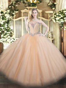 Free and Easy Peach Ball Gowns Tulle Sweetheart Sleeveless Beading Floor Length Lace Up Quinceanera Gowns