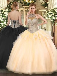 Peach Ball Gowns Beading 15 Quinceanera Dress Lace Up Tulle Sleeveless Floor Length