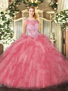 Sumptuous Rose Pink Scoop Neckline Beading and Ruffles 15th Birthday Dress Sleeveless Zipper