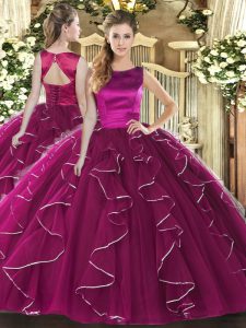 Fuchsia Tulle Lace Up Sweet 16 Dresses Sleeveless Floor Length Ruffles