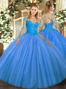 Gorgeous Baby Blue Long Sleeves Lace Floor Length Quinceanera Gown