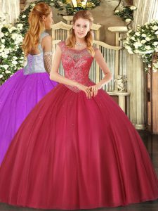 Sleeveless Floor Length Beading Lace Up Sweet 16 Quinceanera Dress with Coral Red