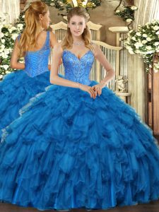 High Quality Blue Ball Gowns V-neck Sleeveless Organza Floor Length Lace Up Beading and Ruffles Vestidos de Quinceanera