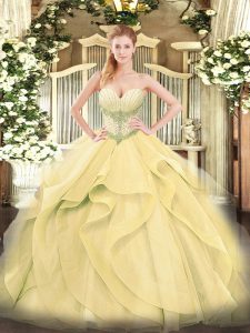 Flirting Gold Ball Gowns Sweetheart Sleeveless Tulle Floor Length Lace Up Beading and Ruffles 15th Birthday Dress