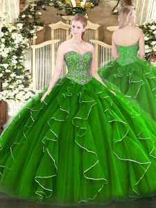 New Style Sleeveless Floor Length Beading and Ruffles Lace Up Ball Gown Prom Dress with Green