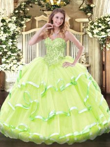 Yellow Green Ball Gowns Organza Sweetheart Sleeveless Appliques and Ruffled Layers Floor Length Lace Up Quinceanera Gown