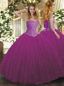 Chic Fuchsia Tulle Lace Up Sweetheart Sleeveless Floor Length Quince Ball Gowns Beading