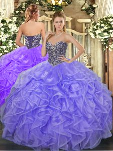Pretty Lavender Sleeveless Beading and Ruffles Floor Length Ball Gown Prom Dress