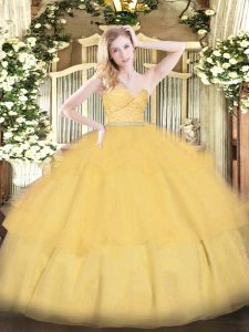 Best Selling Beading and Lace and Ruffled Layers Sweet 16 Dresses Gold Zipper Sleeveless Floor Length
