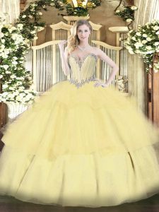 Beading and Ruffled Layers Vestidos de Quinceanera Gold Lace Up Sleeveless Floor Length
