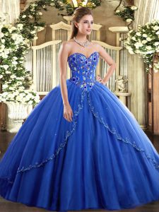 Beauteous Blue Ball Gowns Appliques and Embroidery Quinceanera Dress Lace Up Tulle Sleeveless