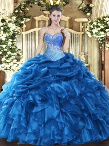 Sleeveless Floor Length Beading and Ruffles and Pick Ups Lace Up Quinceanera Dresses with Blue