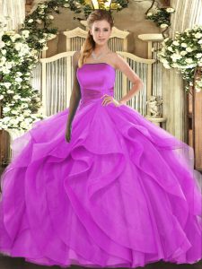 Discount Sleeveless Tulle Floor Length Lace Up 15th Birthday Dress in Fuchsia with Ruffles