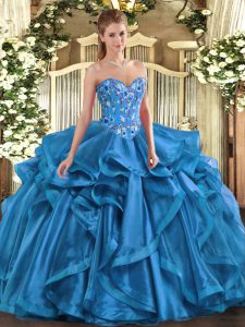 Sexy Blue Ball Gown Prom Dress Military Ball and Sweet 16 and Quinceanera with Embroidery and Ruffles Sweetheart Sleeveless Lace Up