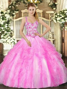 Free and Easy Lilac Sleeveless Floor Length Appliques and Ruffles Lace Up Quinceanera Dresses