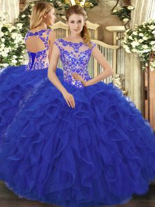 Most Popular Royal Blue Lace Up Quinceanera Dress Beading and Ruffles Sleeveless Floor Length